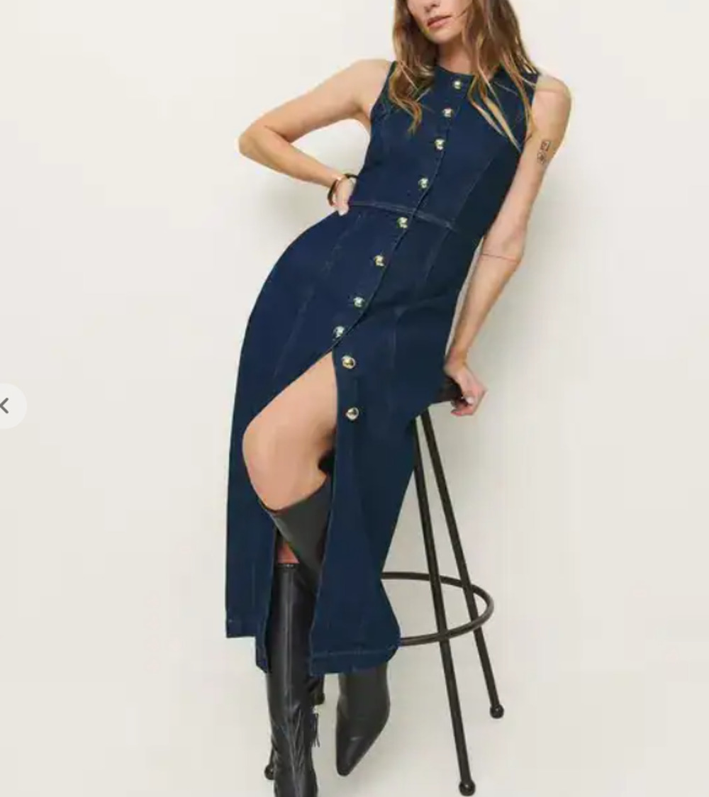 Reformation Roswell Denim Midi Dress Women's 2 Dark Wash Button Front Cotton